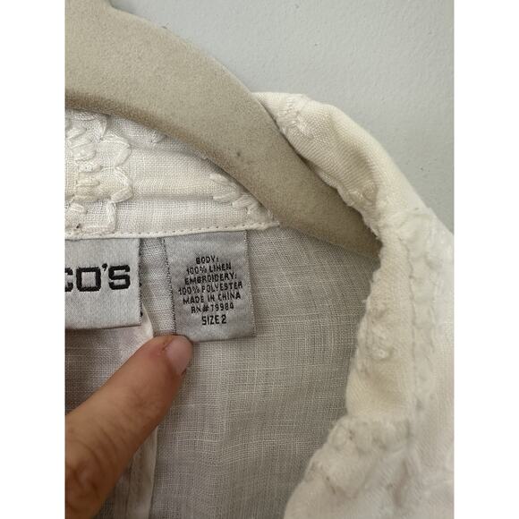 Chico’s White Linen Embroidered Button-Down Blouse Women’s 2 Boho Cottage Top - Picture 6 of 10